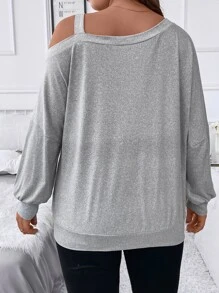 SHEIN Clasi Áo nỉ chui đầu cổ lệch vai in hình trái tim, chất liệu mềm mại, thích hợp cho mùa thu. - Màu Xám nhạt - Xem 2