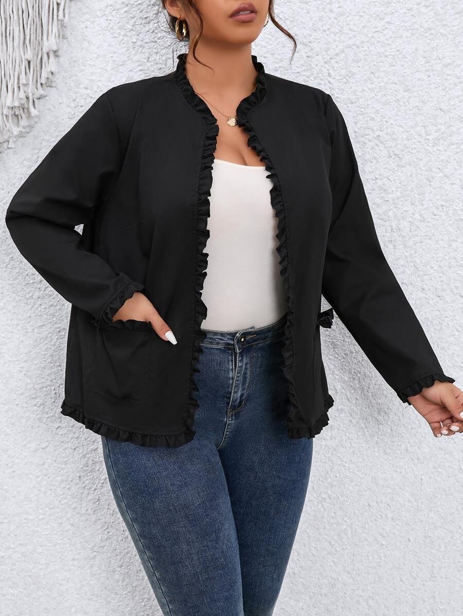 SHEIN Franclia Plus Frill Trim Open Front Jacket - Black - View 1