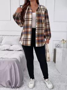 EMERY ROSE Plus Plaid Drop Shoulder Drawstring Hooded Jacket Fall Winter Cloth For Women Autumn - Multicolor - View 3