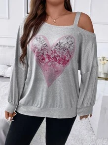 SHEIN Clasi Áo nỉ chui đầu cổ lệch vai in hình trái tim, chất liệu mềm mại, thích hợp cho mùa thu. - Màu Xám nhạt - Xem 3