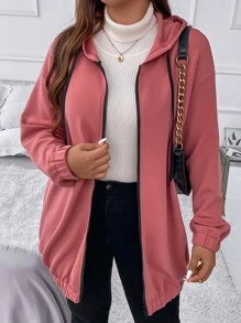 Flirla 大碼標語圖案落肩袖連帽夾克 - 藕粉色 - 查看 2