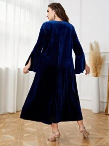 Al Najma Vestido ribete fruncido de manga con abertura de terciopelo - Azul - Ver 2