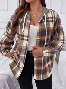 EMERY ROSE Plus Plaid Drop Shoulder Drawstring Hooded Jacket Fall Winter Cloth For Women Autumn - Multicolor - View 4