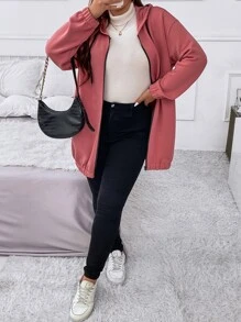 Flirla 大碼標語圖案落肩袖連帽夾克 - 藕粉色 - 查看 3