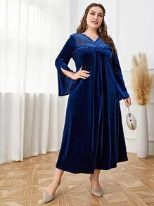 Al Najma Vestido ribete fruncido de manga con abertura de terciopelo - Azul - Ver 3