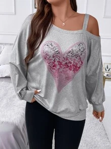 SHEIN Clasi Áo nỉ chui đầu cổ lệch vai in hình trái tim, chất liệu mềm mại, thích hợp cho mùa thu. - Màu Xám nhạt - Xem 5