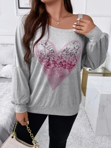 SHEIN Clasi Áo nỉ chui đầu cổ lệch vai in hình trái tim, chất liệu mềm mại, thích hợp cho mùa thu. - Màu Xám nhạt - Xem 6