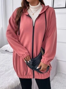 Flirla 大碼標語圖案落肩袖連帽夾克 - 藕粉色 - 查看 5