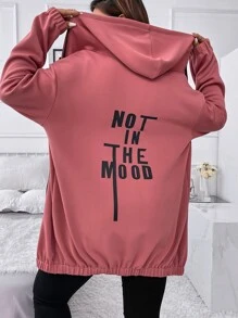 Flirla 大碼標語圖案落肩袖連帽夾克 - 藕粉色 - 查看 6