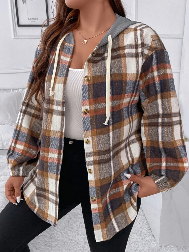 Plus Plaid Drop Shoulder Drawstring Hooded Jacket Fall Winter Cloth For Women Autumn