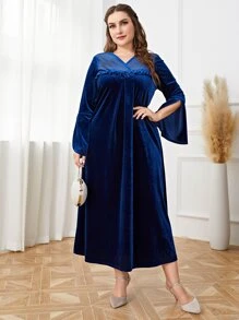 Al Najma Vestido ribete fruncido de manga con abertura de terciopelo - Azul - Ver 7