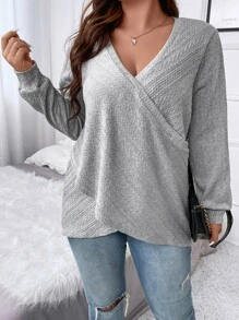 SHEIN LUNE Plus Surplice Neck Tee - Light Grey - View 1
