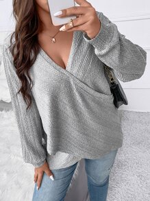 SHEIN LUNE Plus Surplice Neck Tee - Light Grey - View 3