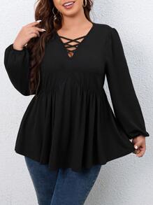 SHEIN LUNE 大碼前交叉燈籠袖荷葉邊下擺T恤 - 黑色 - 查看 4