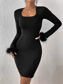 SHEIN SXY Đầm Tương phản lông thú giả màu trơn Thanh lịch - màu đen - Xem 1