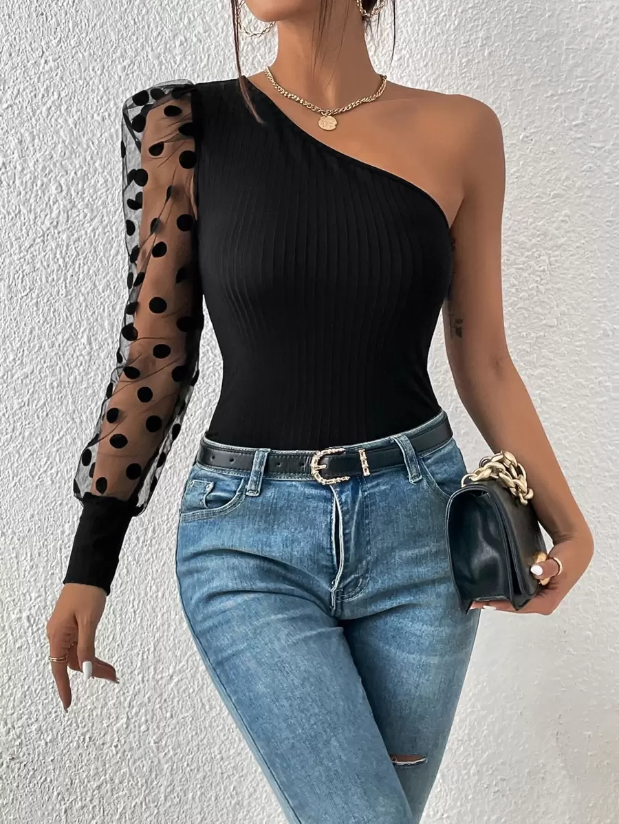 SHEIN Privé Black Contrast Dobby Mesh Gigot Sleeve One Shoulder Tee - Black - View 1