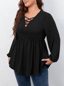 SHEIN LUNE 大碼前交叉燈籠袖荷葉邊下擺T恤 - 黑色 - 查看 5