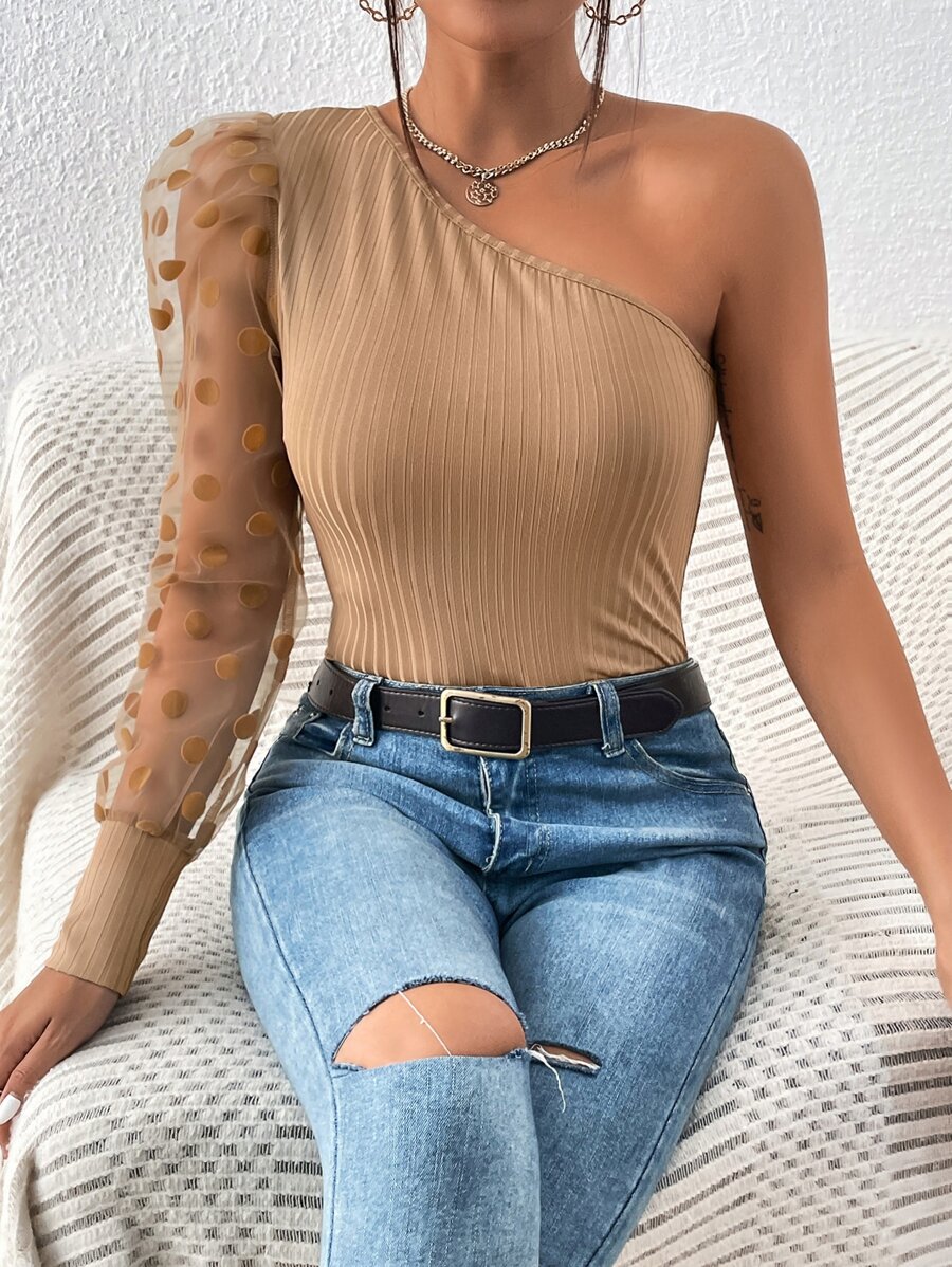 SHEIN Privé 單肩拼接波點網紗羊腿袖T恤 - 棕色 - 查看 1