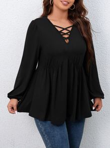 SHEIN LUNE 大碼前交叉燈籠袖荷葉邊下擺T恤 - 黑色 - 查看 6