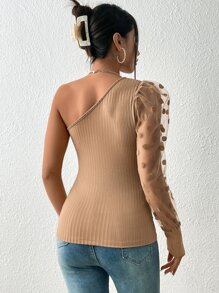 SHEIN Privé 單肩拼接波點網紗羊腿袖T恤 - 棕色 - 查看 2