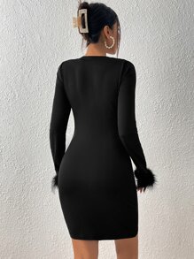 SHEIN SXY Đầm Tương phản lông thú giả màu trơn Thanh lịch - màu đen - Xem 2