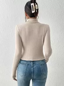 SHEIN Frenchy Cut Out Turtleneck Asymmetrical Top Textured Fabric Tee Winter Casual Spring - Apricot - View 2