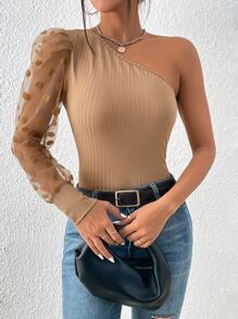 SHEIN Privé 單肩拼接波點網紗羊腿袖T恤 - 棕色 - 查看 6