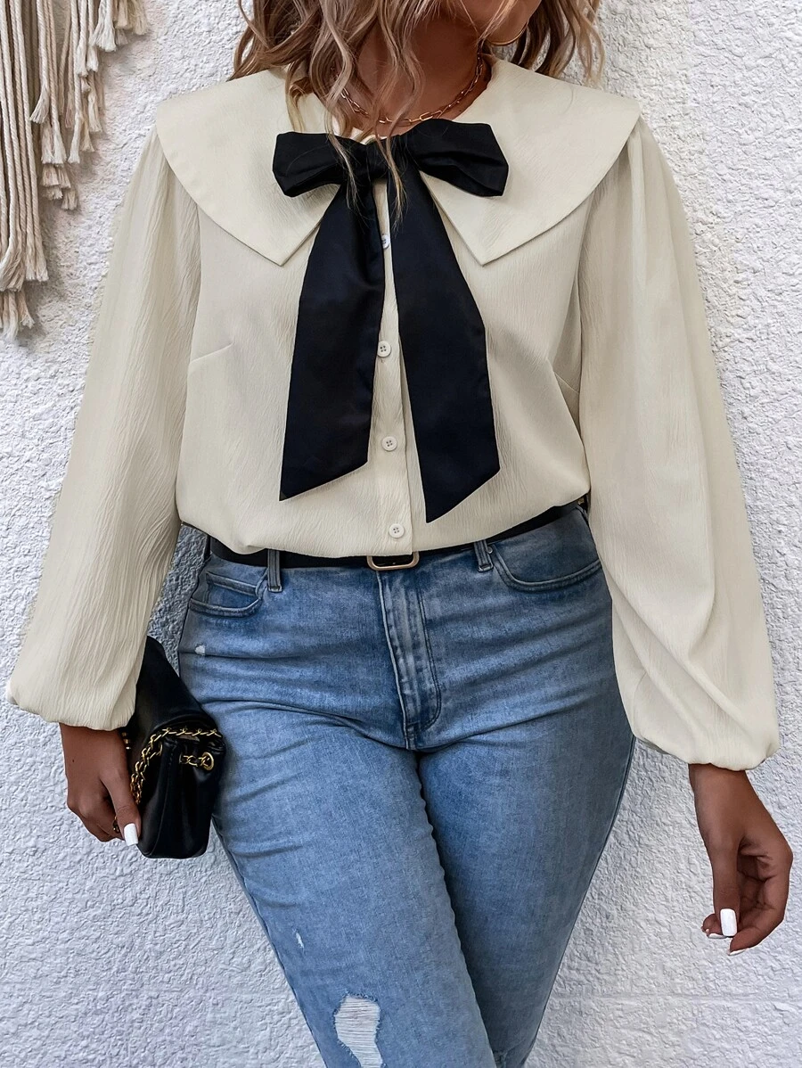 SHEIN Clasi 加大号彼得潘领主教袖系带衬衫女式衬衫