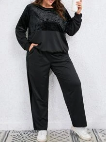 SHEIN LUNE Plus Velvet Detail Drop Shoulder Sweatshirt & Joggers - Black - View 3