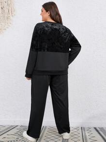 SHEIN LUNE Plus Velvet Detail Drop Shoulder Sweatshirt & Joggers - Black - View 2