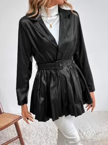 SHEIN Unity Lapel Neck Pleated Hem Belted Coat - Black - View 1
