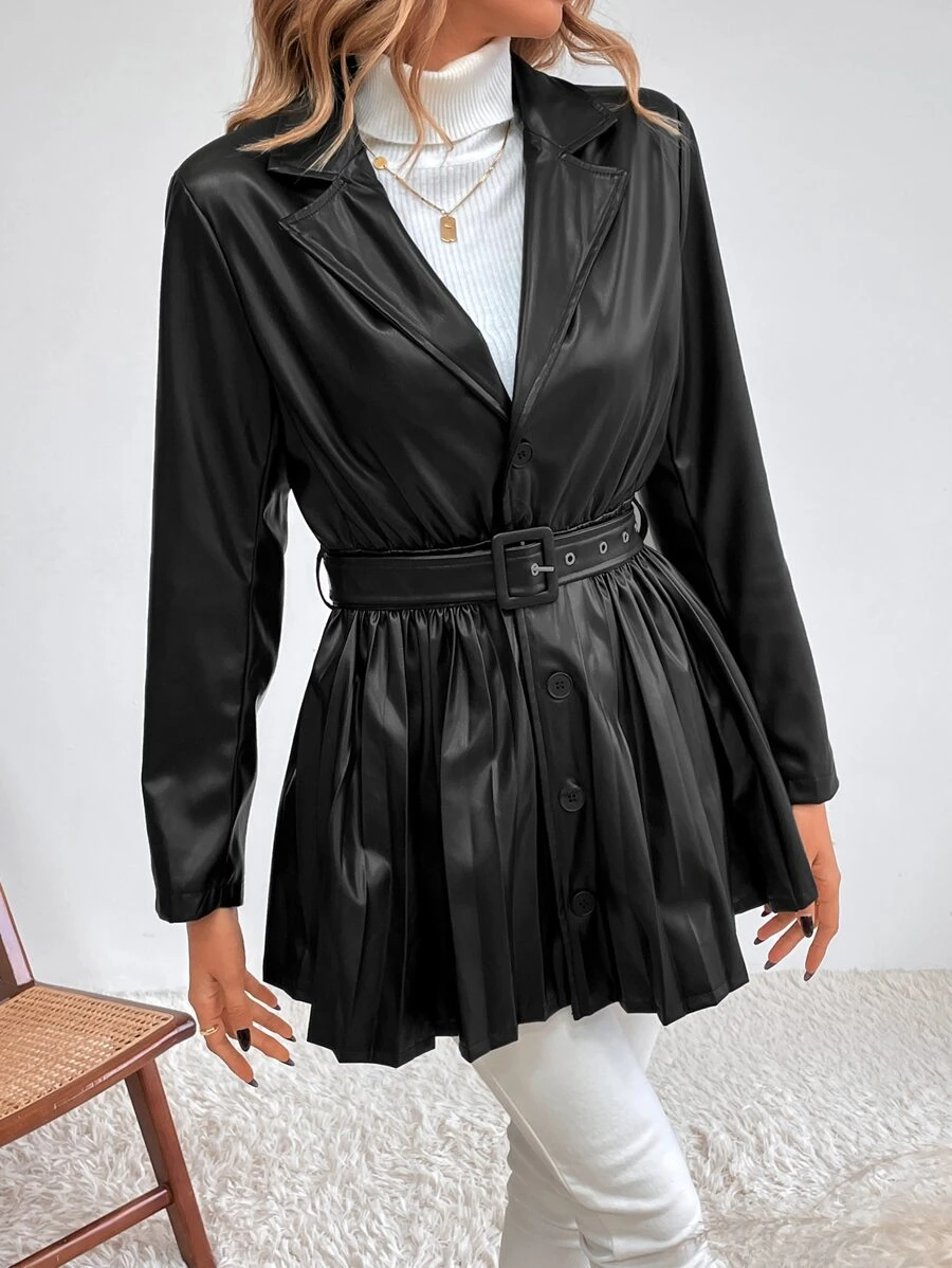 SHEIN Unity Lapel Neck Pleated Hem Belted Coat - Black - View 1