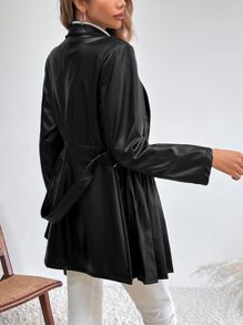 SHEIN Unity Lapel Neck Pleated Hem Belted Coat - Black - View 2