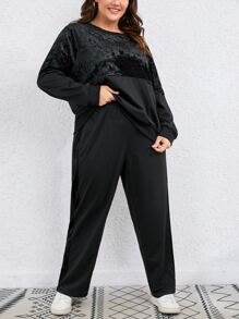 SHEIN LUNE Plus Velvet Detail Drop Shoulder Sweatshirt & Joggers - Black - View 5