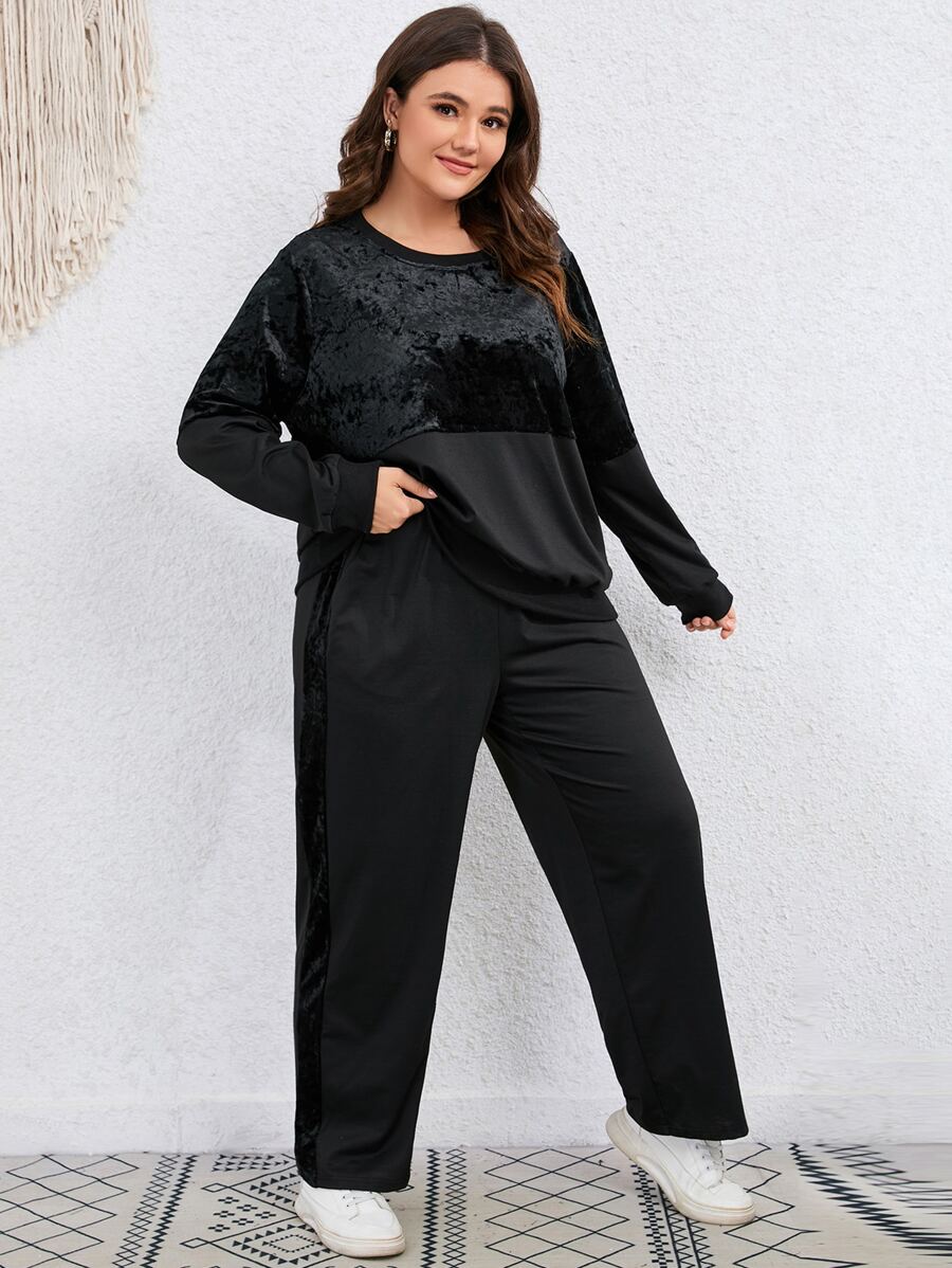 SHEIN LUNE Plus Velvet Detail Drop Shoulder Sweatshirt & Joggers - Black - View 1