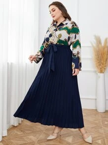 Modelyn 大碼鏈條和幾何印花百褶下擺腰帶襯衫連衣裙 - 彩色 - 查看 4