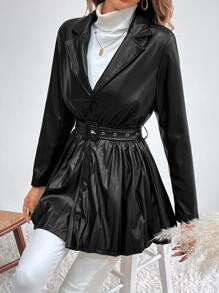 SHEIN Unity Lapel Neck Pleated Hem Belted Coat - Black - View 3