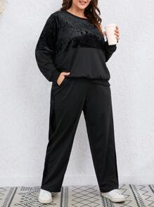 SHEIN LUNE Plus Velvet Detail Drop Shoulder Sweatshirt & Joggers - Black - View 6