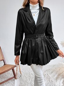 SHEIN Unity Lapel Neck Pleated Hem Belted Coat - Black - View 4