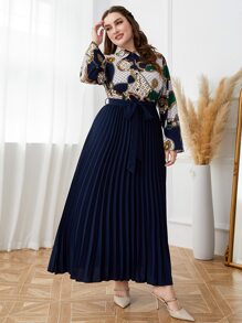 Modelyn 大碼鏈條和幾何印花百褶下擺腰帶襯衫連衣裙 - 彩色 - 查看 6