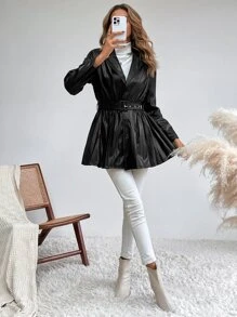 SHEIN Unity Lapel Neck Pleated Hem Belted Coat - Black - View 5