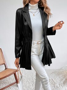 SHEIN Unity Lapel Neck Pleated Hem Belted Coat - Black - View 6