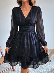 Aveloria Vestido de manga farol bajo con fruncido - Azul Marino - Ver 3