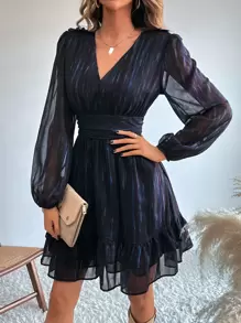 Aveloria Vestido de manga farol bajo con fruncido - Azul Marino - Ver 4