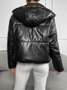 GENKIRA 女士纯色长袖 PU 皮革拉链门襟连帽休闲加厚棉服外套，冬装 - 黑色 - 查看 2