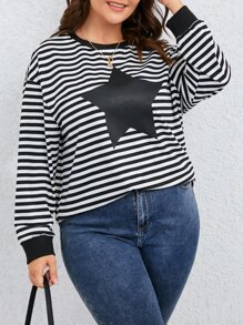 Plus Striped & Star Print Drop Shoulder Sweatshirt - Black and White - View 1