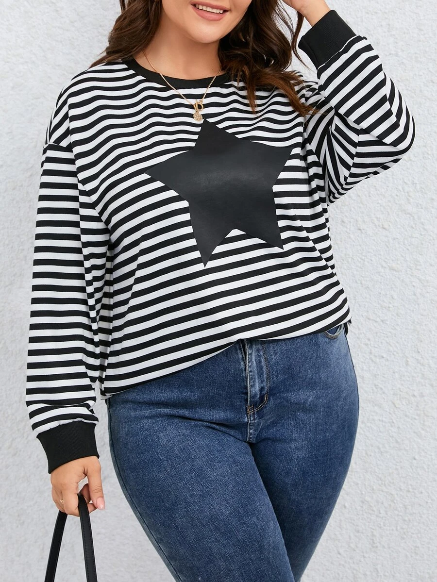 Plus Striped & Star Print Drop Shoulder Sweatshirt - Black and White - View 1