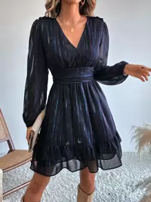 Aveloria Vestido de manga farol bajo con fruncido - Azul Marino - Ver 6