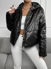 GENKIRA 女士纯色长袖 PU 皮革拉链门襟连帽休闲加厚棉服外套，冬装 - 黑色 - 查看 3