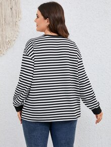 Plus Striped & Star Print Drop Shoulder Sweatshirt - Black and White - View 2